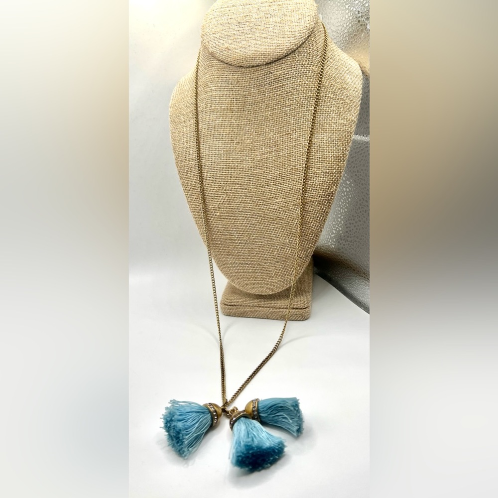 J. Crew Light Blue Three Tassel Gold-Tone Necklace with Rhinestone Accents